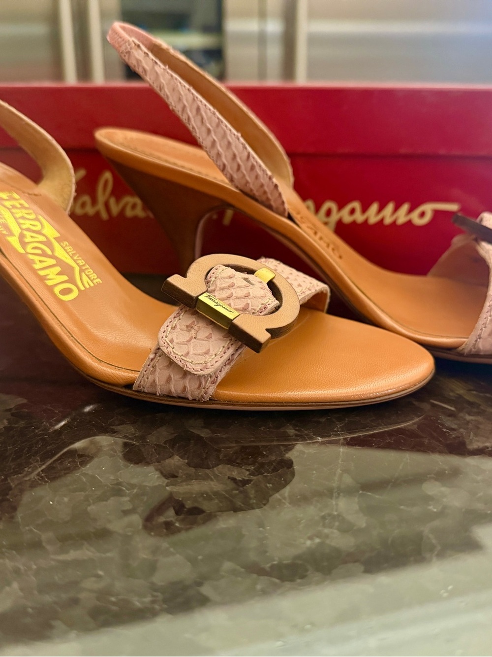 Salvatore Ferragamo Tan and Pink Slingback Heels Size 6.5 AA - Picture 3 of 9
